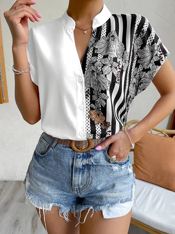 Loose Short Sleeves Buttoned Contrast Color Flower Print Striped V-Neck Blouses&Shirts Tops