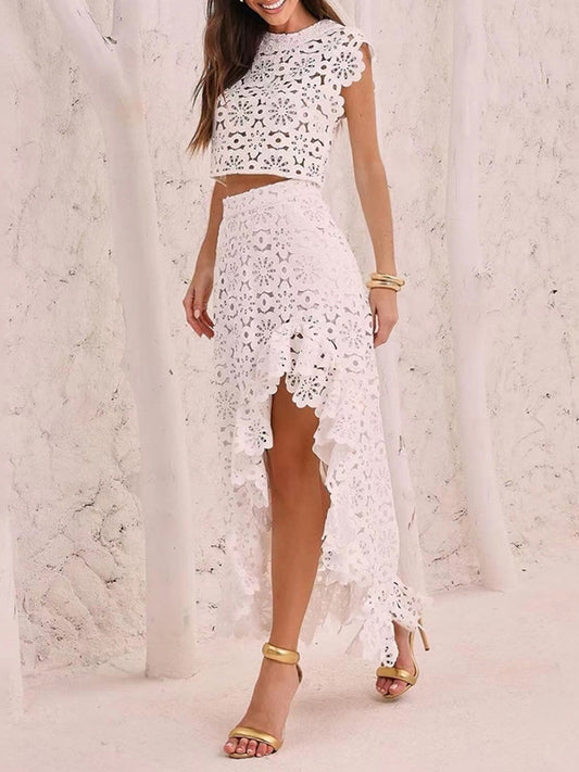 Flower Print Hollow Jacquard Solid Color Round-Neck Vest Top + Ruffle Trim Bodycon High-Low Skirts Bottom Two Pieces Set