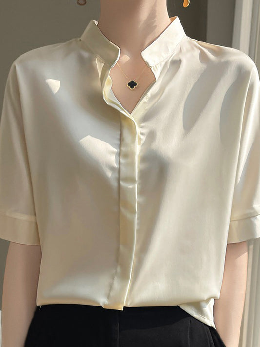 Loose Short Sleeves Buttoned Solid Color Stand Collar Blouses&Shirts Tops