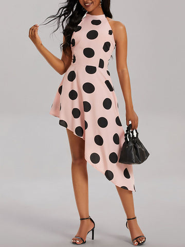 Loose Sleeveless Asymmetric Polka-Dot Halter-Neck Midi Dresses