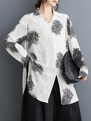 Long Sleeves Loose Buttoned Flower Print Pleated Split-Front Lapel Blouses&Shirts Tops