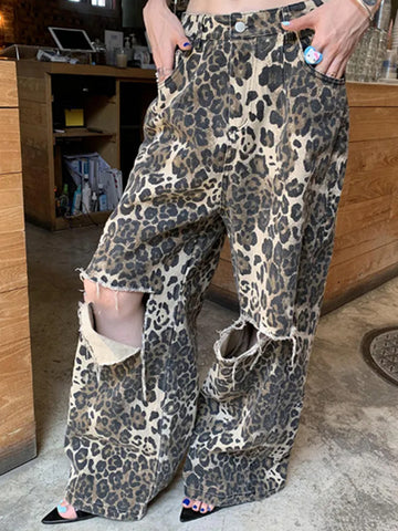 High Waisted Loose Leopard Printed Ripped Split-Joint Jean Pants Bottoms