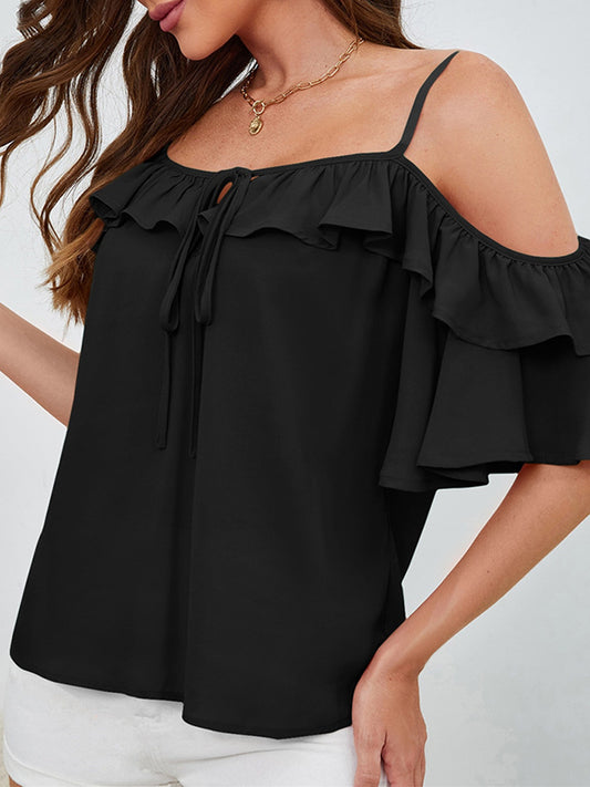 Half Sleeves Loose Ruffle Trim Solid Color Tied Off-the-shoulder Blouses&shirts Tops