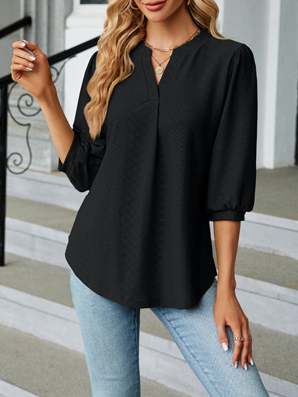 Loose Puff Sleeves Jacquard Pleated Solid Color Split-Joint V-Neck T-Shirts Tops