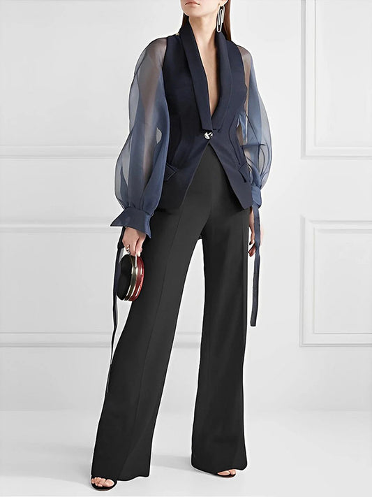 Loose Puff Sleeves See-Through Split-Joint Lapel Blazer Suits Blouses&Shirts Tops