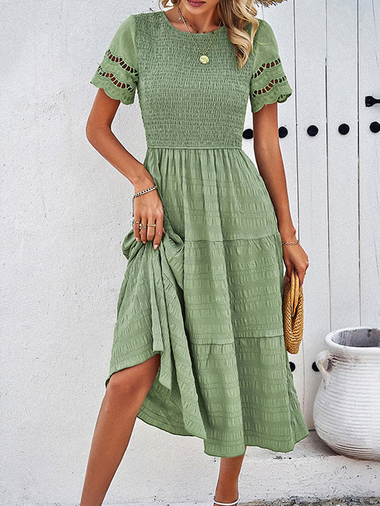 A-Line Loose Elasticity Hollow Solid Color Split-Joint Round-Neck Midi Dresses