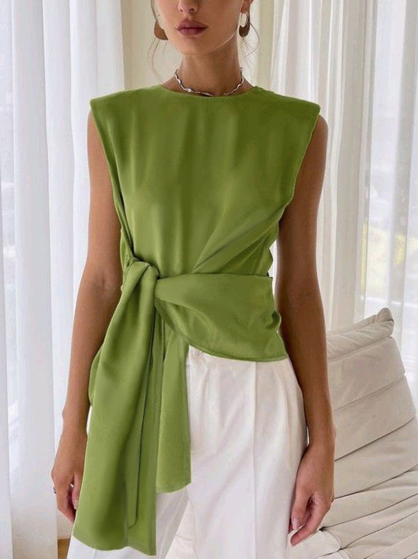 Loose Sleeveless Asymmetric Knot Solid Color Round-neck Vest Top