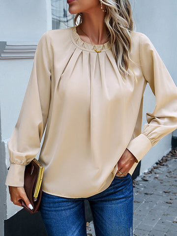 Loose Puff Sleeves Pleated Solid Color Split-Joint Round-Neck Blouses