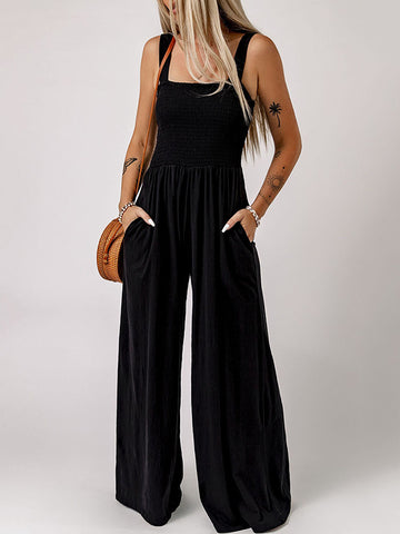 Sleeveless Wide Leg Pleated Solid Color Square-Neck Jumpsuits