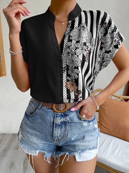 Loose Short Sleeves Buttoned Contrast Color Flower Print Striped V-Neck Blouses&Shirts Tops