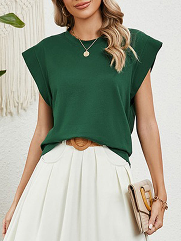 Loose Short Sleeves Solid Color Split-Joint Round-Neck T-Shirts