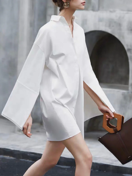 Long Sleeves Loose Buttoned Solid Color Lapel Mini Dresses Shirt Dress