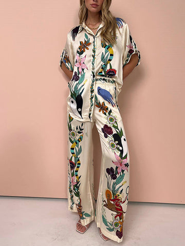 Half Sleeves Loose Buttoned Flower Print Pockets Lapel T-Shirt Top + Drawstring Elasticity Pants Bottom Two Pieces Set