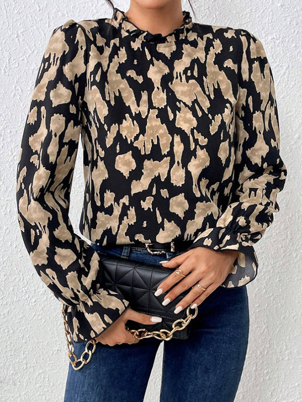 Flared Sleeves Long Sleeves Elasticity Hollow Leopard Mock Neck Blouses&Shirts Tops