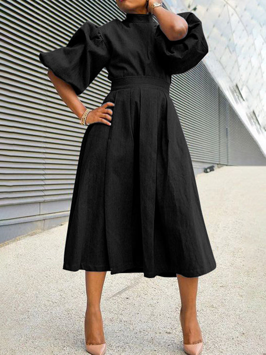 A-Line Puff Sleeves Pleated Pockets Solid Color Split-Joint Mock Neck Midi Dresses