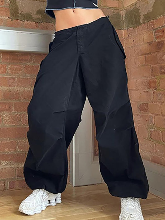 High Waisted Loose Drawstring Pleated Solid Color Pants Trousers