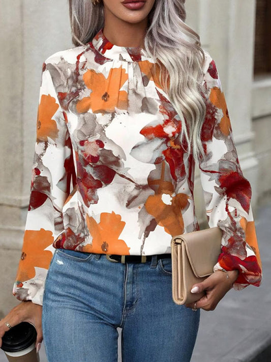 Long Sleeves Loose Elasticity Flower Print Pleated Mock Neck Blouses&Shirts Tops