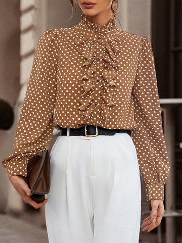 Loose Puff Sleeves Floral Pleated Polka-Dot Split-Joint Stand Collar Blouses