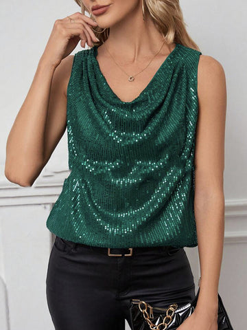 Loose Sleeveless Sequined Shiny Solid Color Split-Joint V-Neck Vest Top