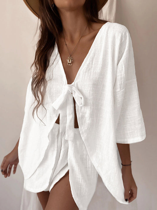 Half Sleeves Solid Color Tied V-Neck Shirts Top + High Waisted Elasticity Shorts Bottom Two Pieces Set