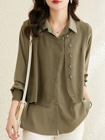 Long Sleeves Loose Solid Color Lapel  Inner Shirt + Buttoned Pockets Outer Knit Vest Two Pieces Set