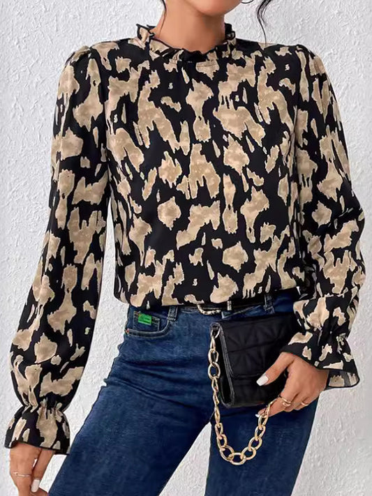 Flared Sleeves Long Sleeves Elasticity Hollow Leopard Mock Neck Blouses&Shirts Tops