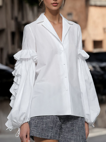 Long Sleeves Loose Buttoned Lace-Up Ruffled Solid Color Notched Collar Blouses&Shirts Tops