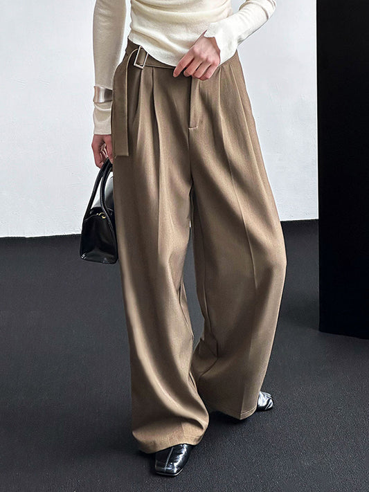 High Waisted Loose Belt Buckle Solid Color Suit Pants Trousers