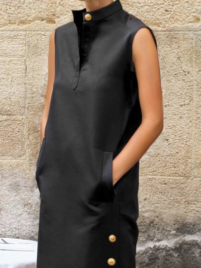 Sleeveless Buttoned Solid Color Split-Side Stand Collar Maxi Dresses Shirt Dress