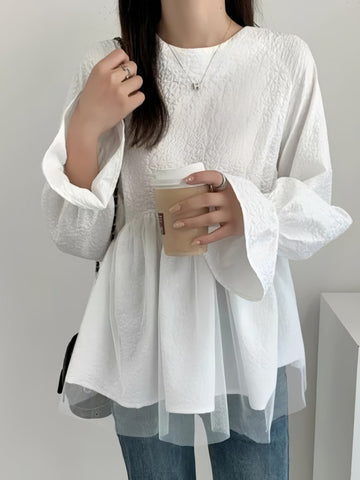 A-Line Flared Sleeves Elasticity Mesh Solid Color Split-Joint Round-Neck Blouses&Shirts Tops