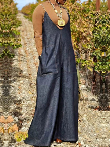 Loose Sleeveless Pockets Split-Joint Spaghetti-Neck Overalls