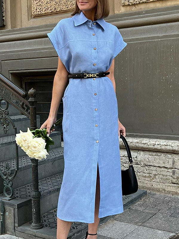 Loose Raglan Sleeve See-Through Split-Joint Tied Waist Lapel Midi Dresses Shirt Dress