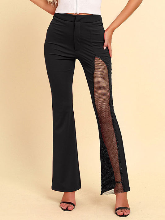 High Waisted Asymmetric Mesh Split-Joint Zipper Pants Flared Trousers