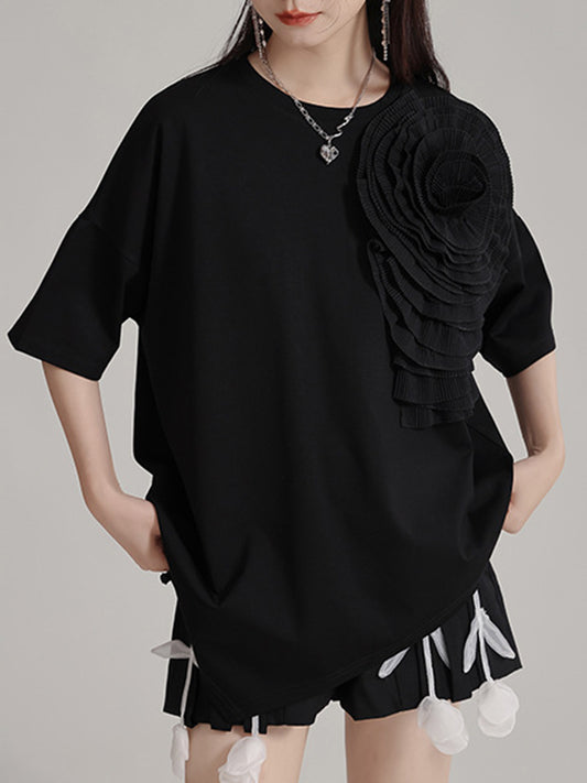 Loose Short Sleeves Asymmetric Solid Color Three-Dimensional Flower Round-Neck T-Shirts Tops