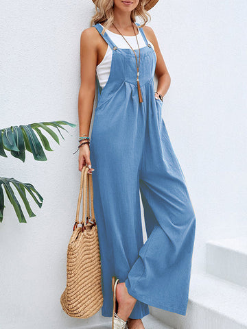 Loose Plus Size Pleated Split-Joint Spaghetti-Neck Overalls