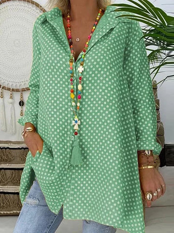 Long Sleeves Loose Buttoned Polka-Dot Lapel Blouses&Shirts Tops