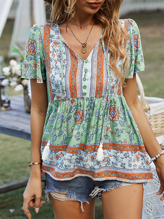 Loose Short Sleeves Buttoned Flower Print Split-Joint Tasseled Tied V-Neck T-Shirts Tops