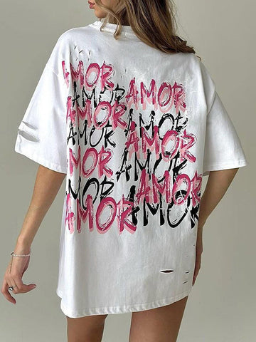 Loose Short Sleeves Contrast Color Hollow Letter Print Round-Neck T-Shirts Tops