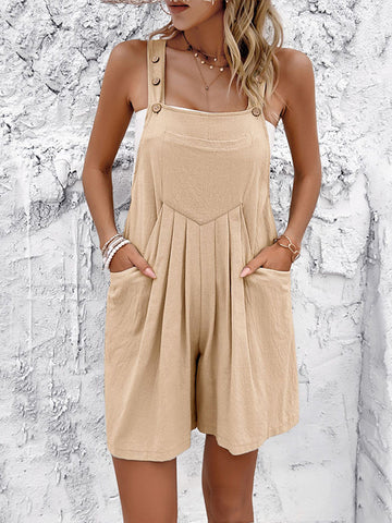 Loose Sleeveless Buttoned Pleated Pockets Split-Joint Square-Neck Overalls