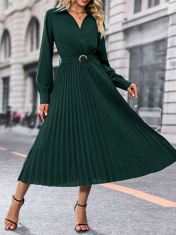 A-Line Long Sleeves Belted Buttoned Pleated Lapel Midi Dresses