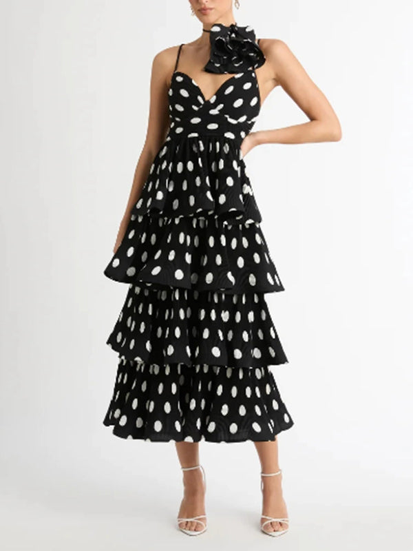 High Waisted Sleeveless Layered Pleated Polka-Dot Ruffle Trim Split-Joint Three-Dimensional Flower Zipper Spaghetti-Neck Midi Dresses