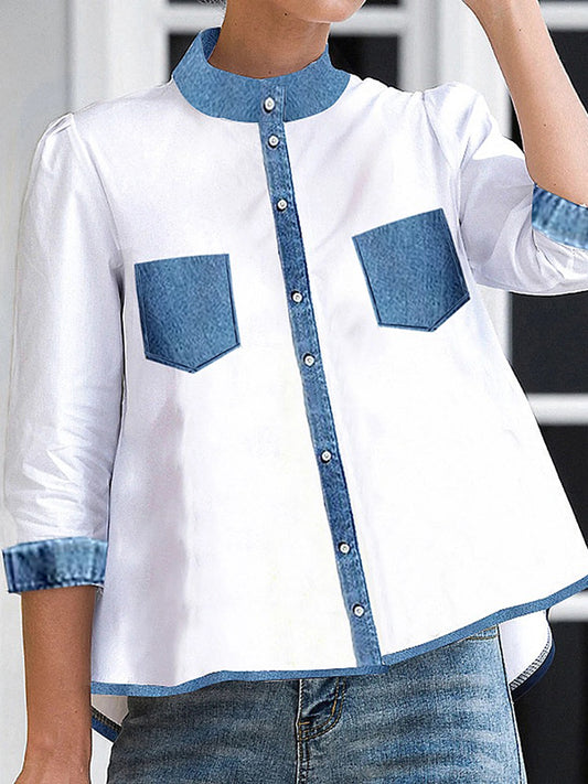 A-line High-low Buttoned Pockets Mock Neck Blouses&shirts Tops