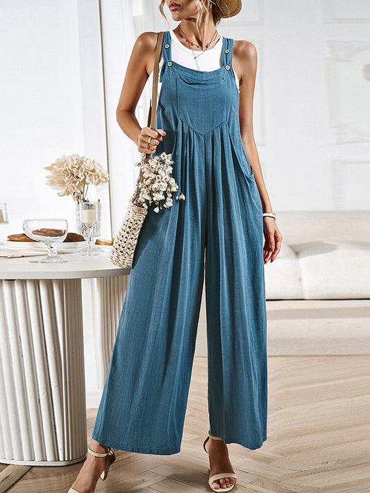 Loose Sleeveless Pleated Pockets Split-Joint Spaghetti-Neck Overalls