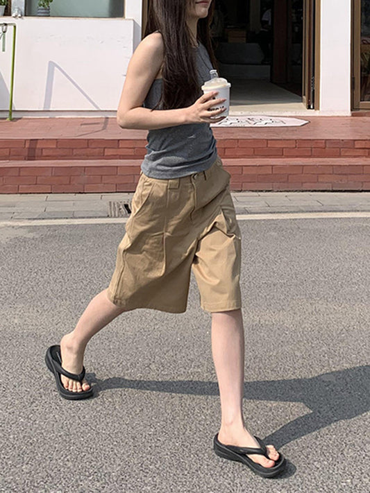 High Waisted Loose Pleated Solid Color Half Pants Shorts Bottoms