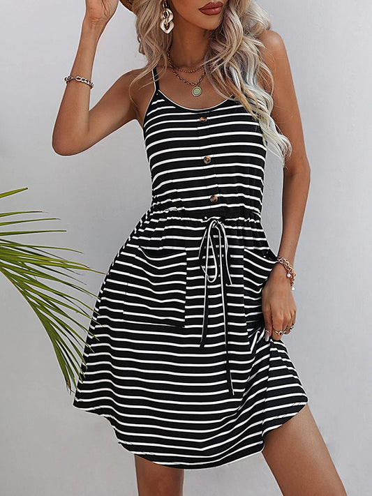 A-Line Loose Buttoned Contrast Color Drawstring Pockets Striped Spaghetti-Neck Mini Dresses