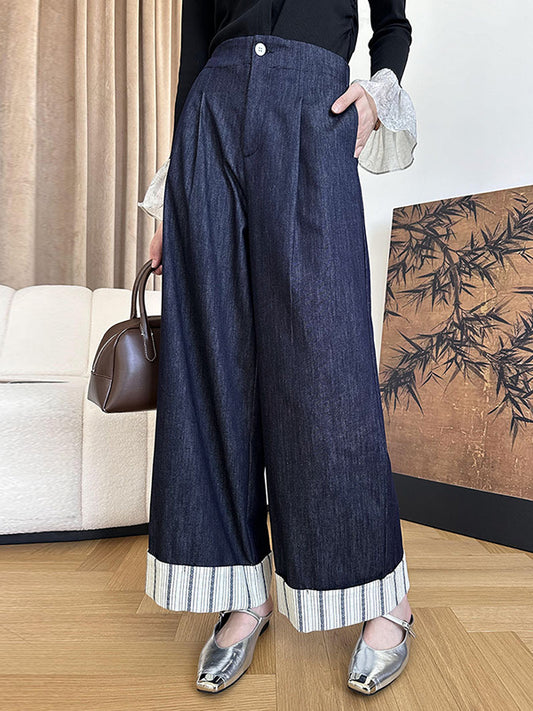 Old Money Style High Waisted Loose Elasticity Pleated Split-Joint Striped Jean Pants Bottoms