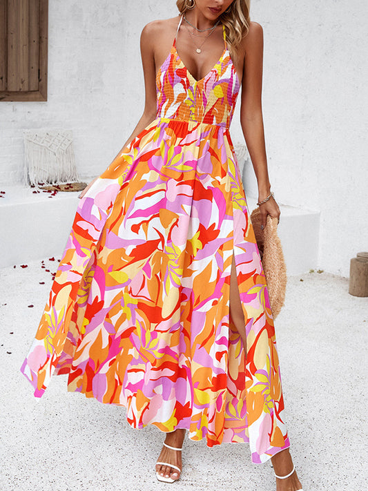 High Waisted Sleeveless Backless Elasticity Pleated Printed Split-Side Tied Halter-Neck Maxi Dresses