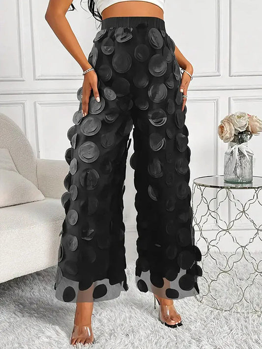 High Waisted Loose Mesh Polka-Dot Solid Color Pants Trousers