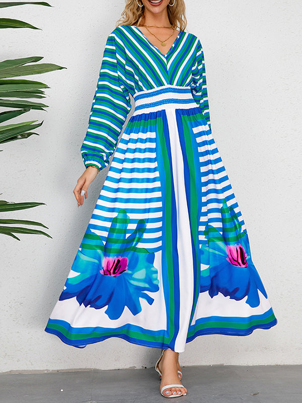 A-Line Long Sleeves Backless Elasticity Flower Print Split-Joint Striped Tied V-Neck Maxi Dresses