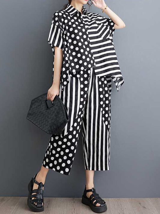 Half Sleeves High-Low Asymmetric Contrast Color Polka-Dot Split-Side Striped Lapel Blouses Top + Pants Bottom Two Pieces Set